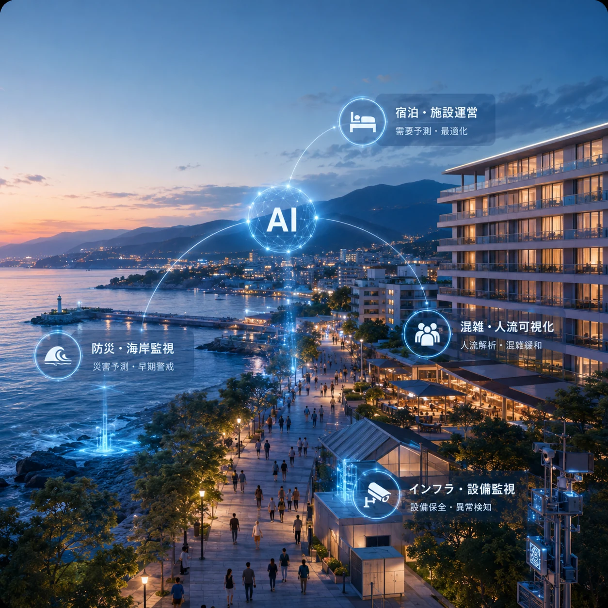 海辺のリゾート全体と現場運用をつなぐAI活用のイメージ