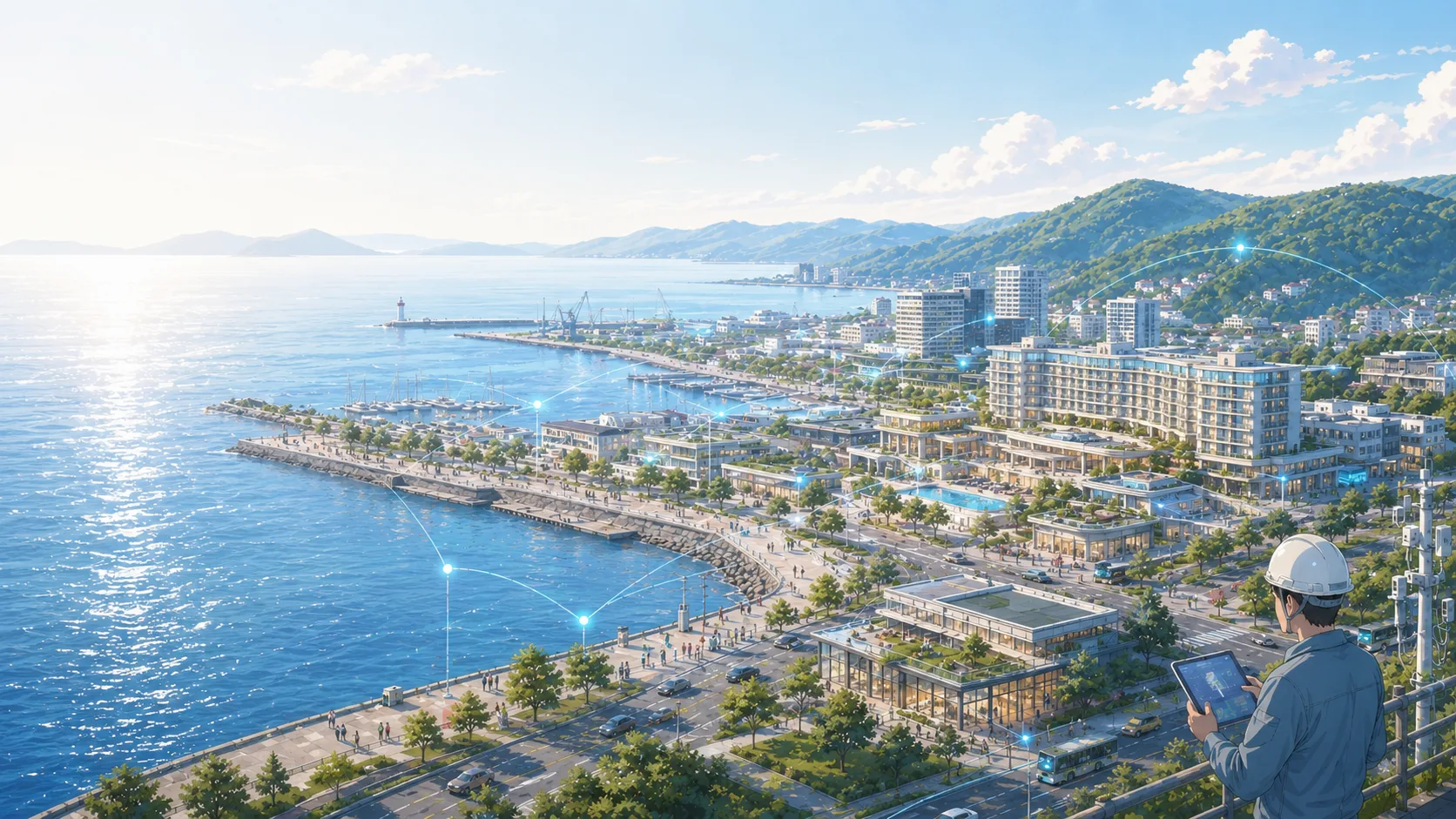 海辺の街と情報連携、宿泊施設、現場支援を表す海岸線のメインビジュアル